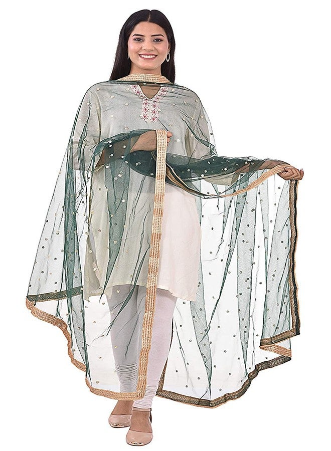themilestocks TMS Woman's Embellished Net Dupatta Scarf Shawl Wrap Soft Indian Bridal Wedding (Green), 87 Inches X 44 Inches || 220 cm X 112cm - Image 1